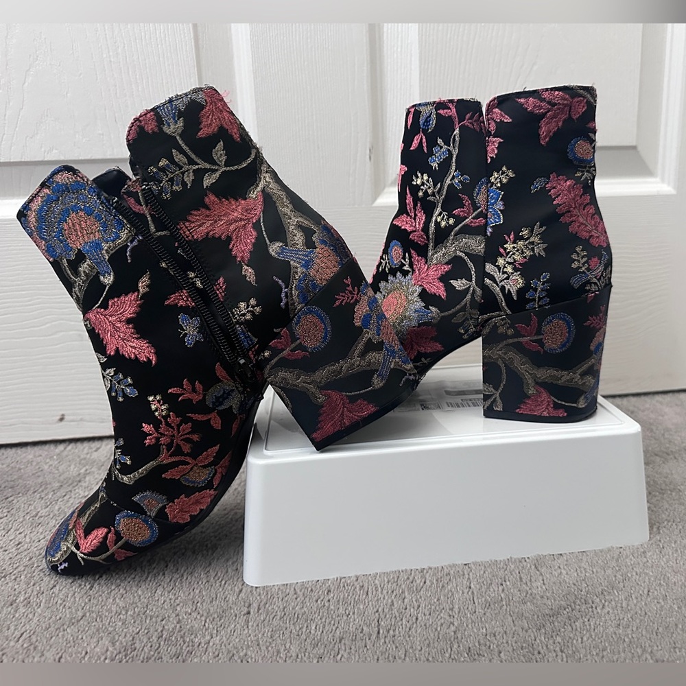 Floral Embroidered Ankle Boots - Black and Pink